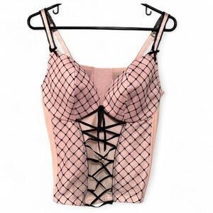 Cacique Coquette Corset Diamond Mesh Lace-Up Top in Blush Pink NWT